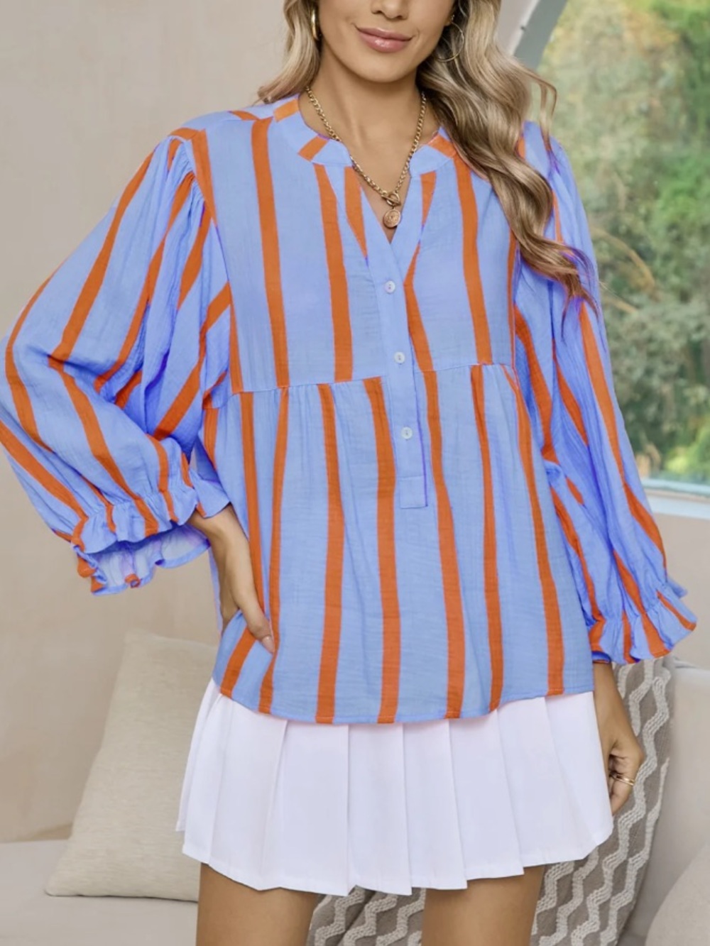 Blue and Orange Stripe Crinkle Ruffle Long Sleeve Loose Top Size Large.